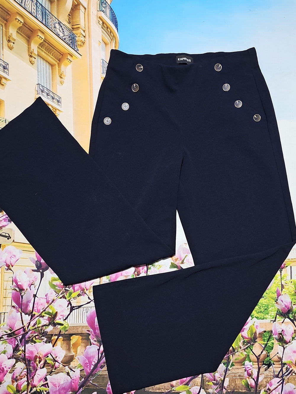 Express Navy Wide-Leg High Rise Sailor Pants with Gold Buttons S/P